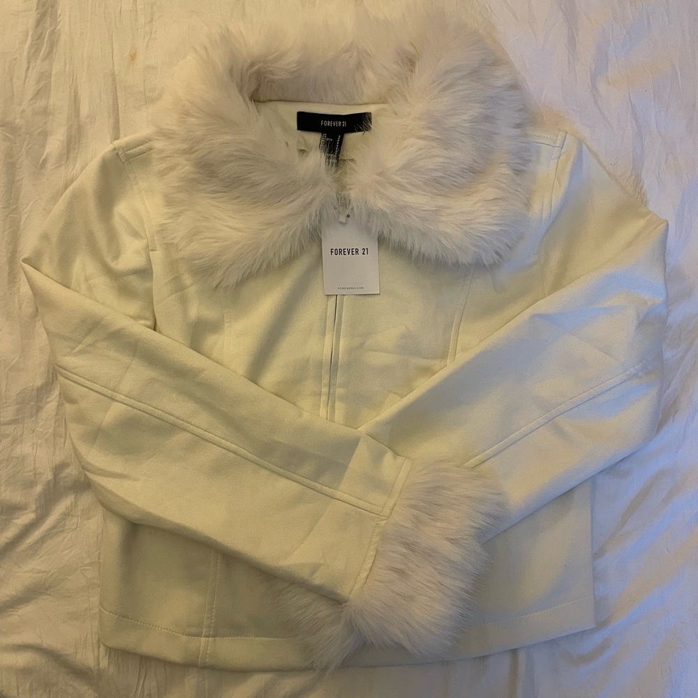 Suede white short jacket with fur trims, size S
